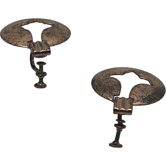 Bronze Clip-On Earrings, Cut-Out Design, Good Condition, 1.25" x 1" - Picture 5 of 7